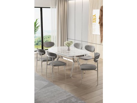 HANAH HOME Set trpezarijskog stola i stolica (7 delova) Olya White Marble Chrome Grey