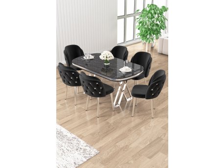 HANAH HOME Set trpezarijskog stola i stolica (7 delova) Zae Black Marble Chrome Black
