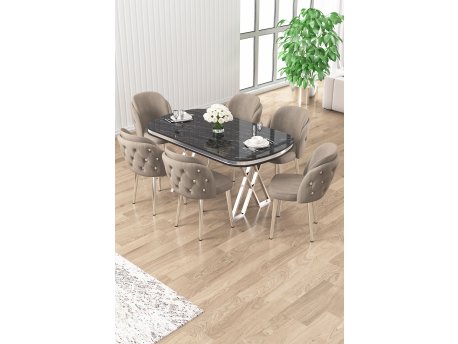 HANAH HOME Set trpezarijskog stola i stolica (7 delova) Zae Black Marble Chrome Cappuccino