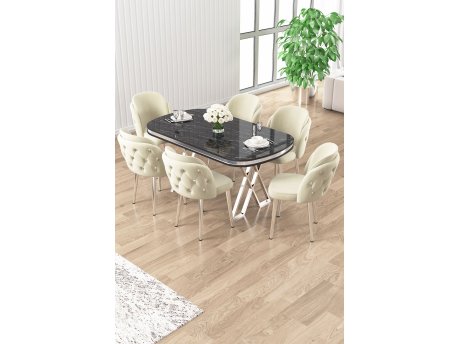 HANAH HOME Set trpezarijskog stola i stolica (7 delova) Zae Black Marble Chrome Cream