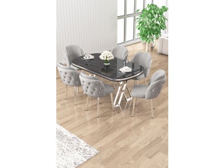 HANAH HOME Set trpezarijskog stola i stolica (7 delova) Zae Black Marble Chrome Grey