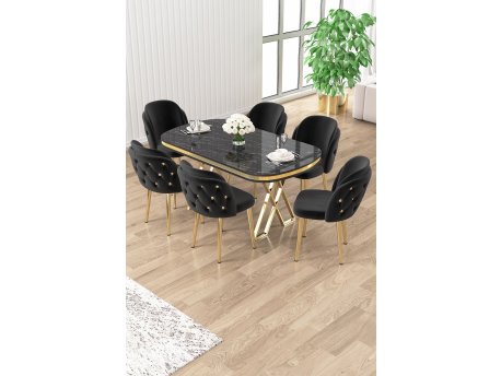 HANAH HOME Set trpezarijskog stola i stolica (7 delova) Zae Black Marble Gold Black