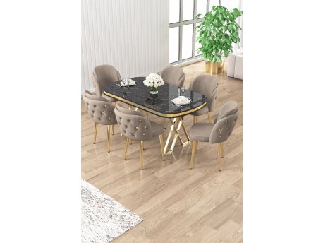 HANAH HOME Set trpezarijskog stola i stolica (7 delova) Zae Black Marble Gold Cappuccino