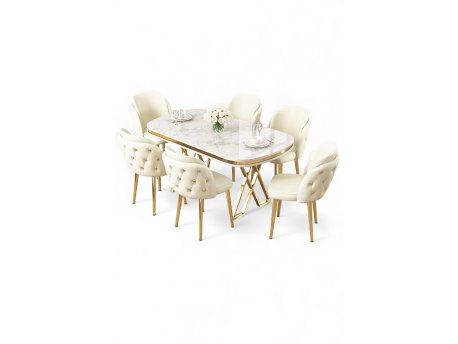 HANAH HOME Set trpezarijskog stola i stolica (7 delova) Zae White Marble Gold Cream