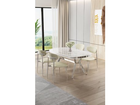 HANAH HOME Set trpezarijskog stola i stolica (5 delova) Olya White Marble Chrome Cream