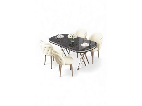 HANAH HOME Set trpezarijskog stola i stolica (5 delova) Zae Black Marble Chrome Cream