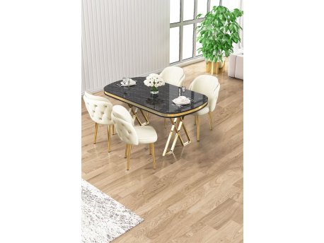 HANAH HOME Set trpezarijskog stola i stolica (5 delova) Zae Black Marble Gold Cream
