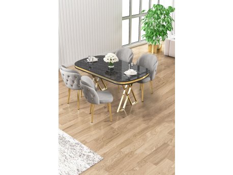 HANAH HOME Set trpezarijskog stola i stolica (5 delova) Zae Black Marble Gold Grey