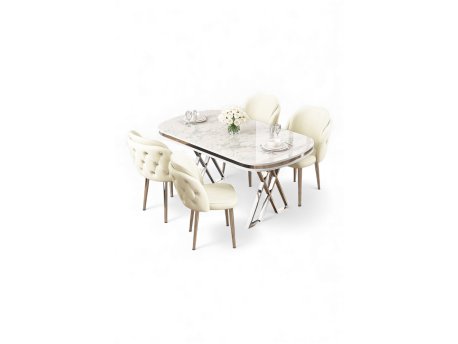 HANAH HOME Set trpezarijskog stola i stolica (5 delova) Zae White Marble Chrome Cream