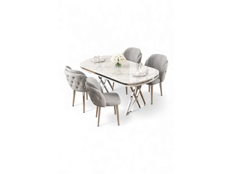 HANAH HOME Set trpezarijskog stola i stolica (5 delova) Zae White Marble Chrome Grey