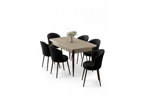 HANAH HOME Rasklopivi trpezarijski sto i stolice (7 delova) Asfel Travertine Black