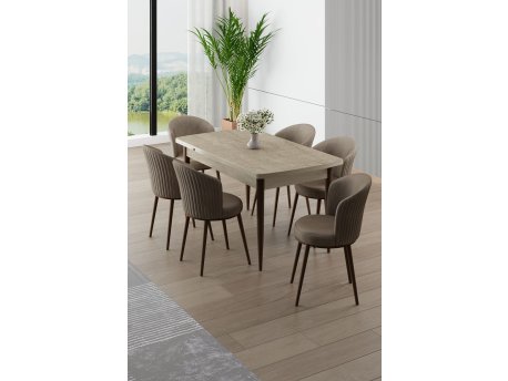 HANAH HOME Rasklopivi trpezarijski sto i stolice (7 delova) Asfel Travertine Cappuccino