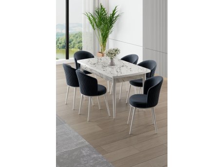 HANAH HOME Rasklopivi trpezarijski sto i stolice (7 delova) Asfel White Marble Anthracite