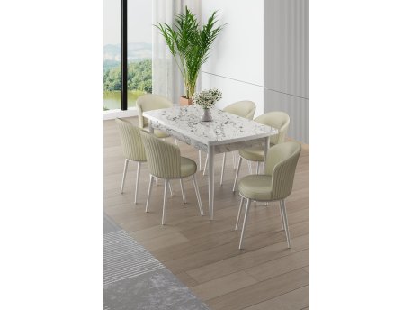 HANAH HOME Rasklopivi trpezarijski sto i stolice (7 delova) Asfel White Marble Cream