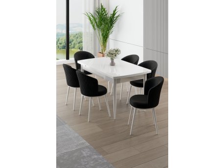 HANAH HOME Rasklopivi trpezarijski sto i stolice (7 delova) Asfel White Black