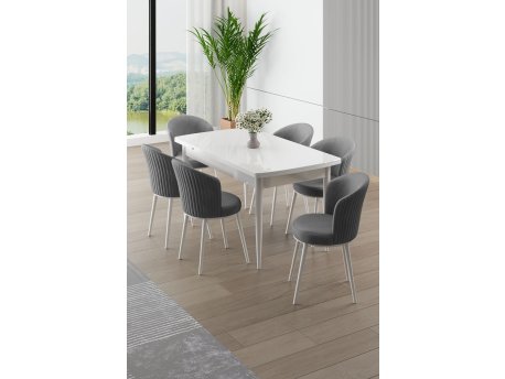 HANAH HOME Rasklopivi trpezarijski sto i stolice (7 delova) Asfel White Grey