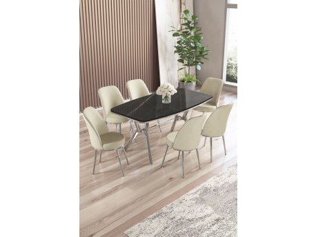 HANAH HOME Set trpezarijskog stola i stolica (7 delova) Lena Black Marble Chrome Cream
