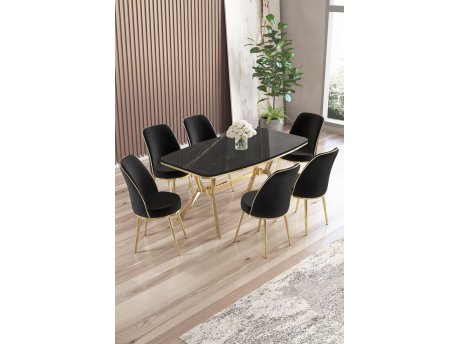 HANAH HOME Set trpezarijskog stola i stolica (7 delova) Lena Black Marble Gold Black