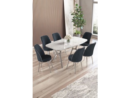 HANAH HOME Set trpezarijskog stola i stolica (7 delova) Lena White Marble Chrome Anthracite