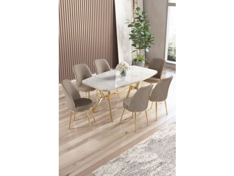 HANAH HOME Set trpezarijskog stola i stolica (7 delova) Lena White Marble Gold Cappuccino