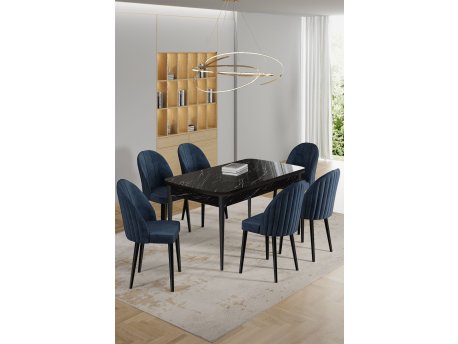 HANAH HOME Rasklopivi trpezarijski sto i stolice (7 delova) Enya Black Marble Anthracite