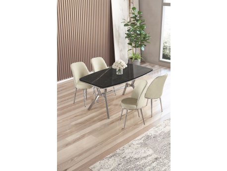 HANAH HOME Set trpezarijskog stola i stolica (5 delova) Lena Black Marble Chrome Cream