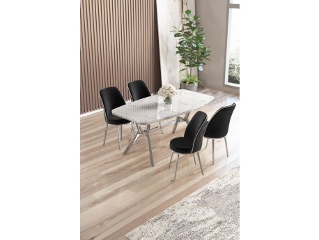 HANAH HOME Set trpezarijskog stola i stolica (5 delova) Lena White Marble Chrome Black