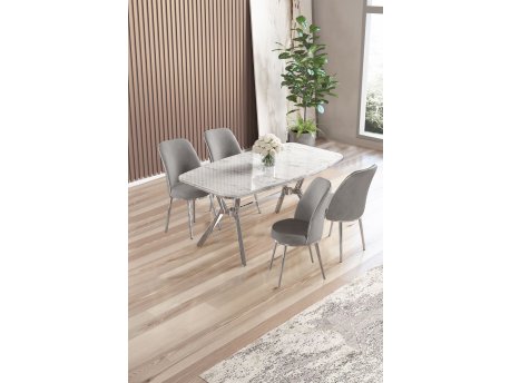 HANAH HOME Set trpezarijskog stola i stolica (5 delova) Lena White Marble Chrome Grey
