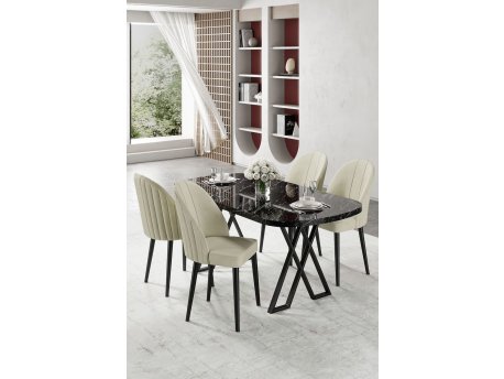 HANAH HOME Set trpezarijskog stola i stolica (5 delova) Kaye Black Marble Cream