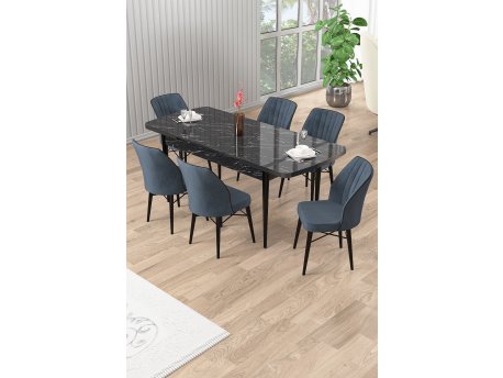 HANAH HOME Rasklopivi trpezarijski sto i stolice (7 delova) Uzi Black Marble Anthracite