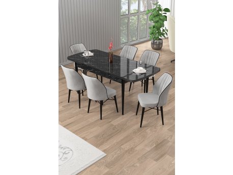 HANAH HOME Rasklopivi trpezarijski sto i stolice (7 delova) Uzi Black Marble Grey