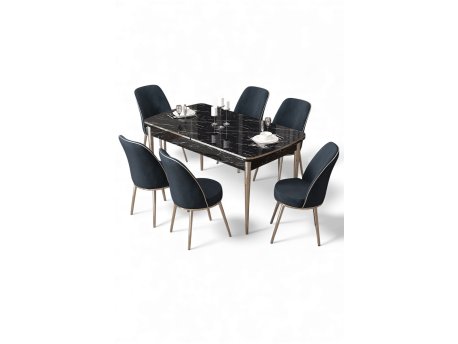 HANAH HOME Rasklopivi trpezarijski sto i stolice (7 delova) Nira Black Marble Chrome Anthracite