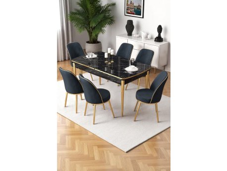 HANAH HOME Rasklopivi trpezarijski sto i stolice (7 delova) Nira Black Marble Gold Anthracite