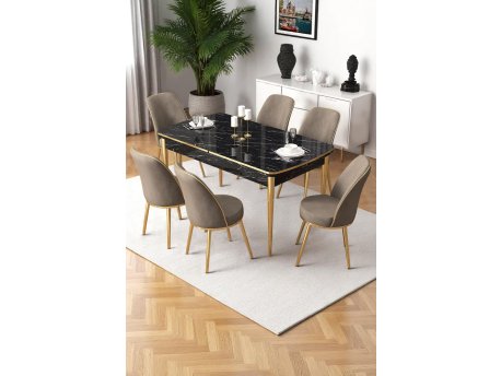 HANAH HOME Rasklopivi trpezarijski sto i stolice (7 delova) Nira Black Marble Gold Cappuccino
