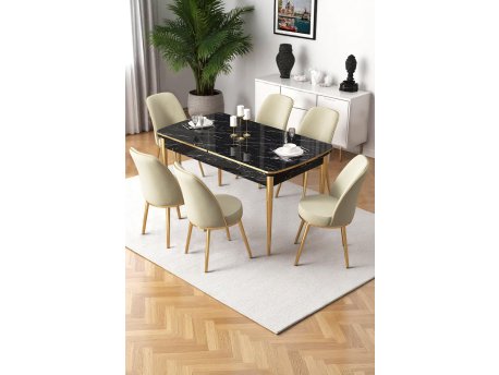 HANAH HOME Rasklopivi trpezarijski sto i stolice (7 delova) Nira Black Marble Gold Cream