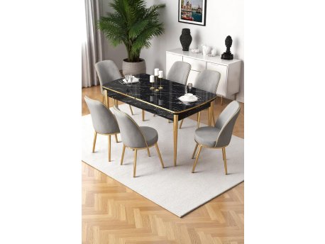 HANAH HOME Rasklopivi trpezarijski sto i stolice (7 delova) Nira Black Marble Gold Grey