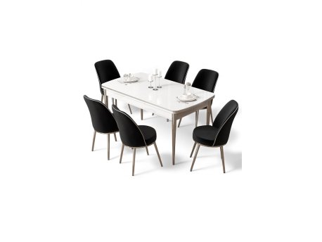 HANAH HOME Rasklopivi trpezarijski sto i stolice (7 delova) Nira White Chrome Black