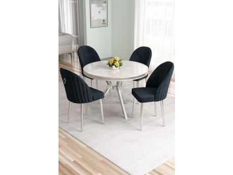 HANAH HOME Set trpezarijskog stola i stolica (5 delova) Mos White Marble Chrome Anthracite