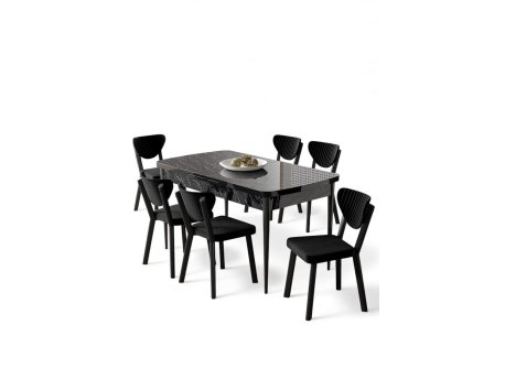 HANAH HOME Rasklopivi trpezarijski sto i stolice (7 delova) Exve Black Marble Black
