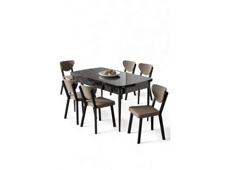 HANAH HOME Rasklopivi trpezarijski sto i stolice (7 delova) Exve Black Marble Cappuccino