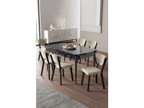 HANAH HOME Rasklopivi trpezarijski sto i stolice (7 delova) Exve Black Marble Cream