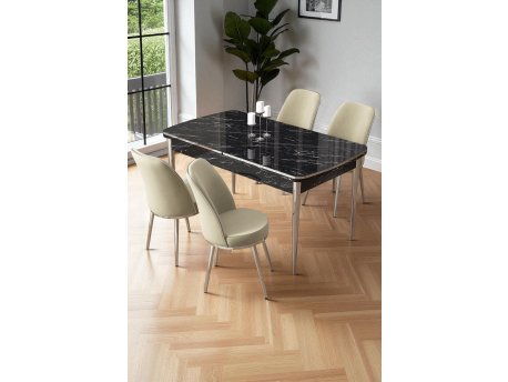 HANAH HOME Rasklopivi trpezarijski sto i stolice (5 delova) Nira Black Marble Chrome Cream
