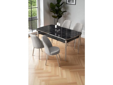 HANAH HOME Rasklopivi trpezarijski sto i stolice (5 delova) Nira Black Marble Chrome Grey