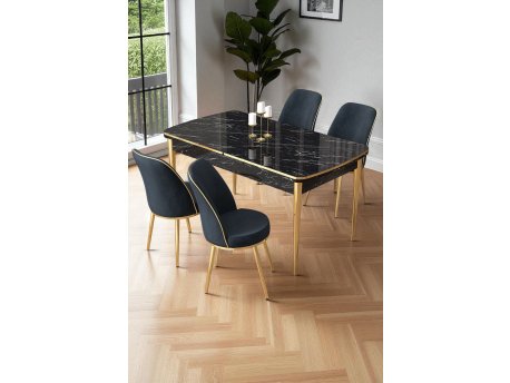 HANAH HOME Rasklopivi trpezarijski sto i stolice (5 delova) Nira Black Marble Gold Anthracite