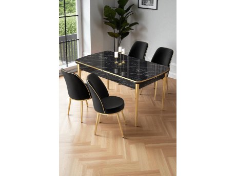 HANAH HOME Rasklopivi trpezarijski sto i stolice (5 delova) Nira Black Marble Gold Black