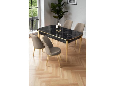 HANAH HOME Rasklopivi trpezarijski sto i stolice (5 delova) Nira Black Marble Gold Cappuccino