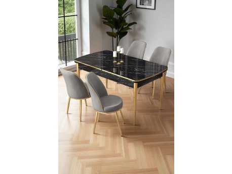 HANAH HOME Rasklopivi trpezarijski sto i stolice (5 delova) Nira Black Marble Gold Grey