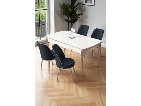 HANAH HOME Rasklopivi trpezarijski sto i stolice (5 delova) Nira White Chrome Anthracite