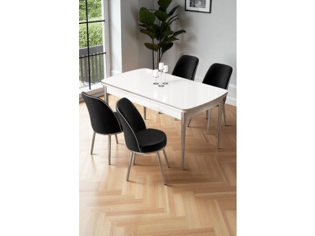 HANAH HOME Rasklopivi trpezarijski sto i stolice (5 delova) Nira White Chrome Black