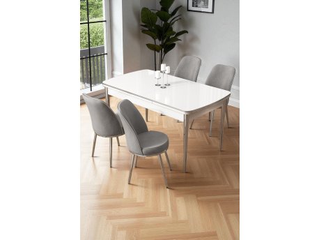 HANAH HOME Rasklopivi trpezarijski sto i stolice (5 delova) Nira White Chrome Grey